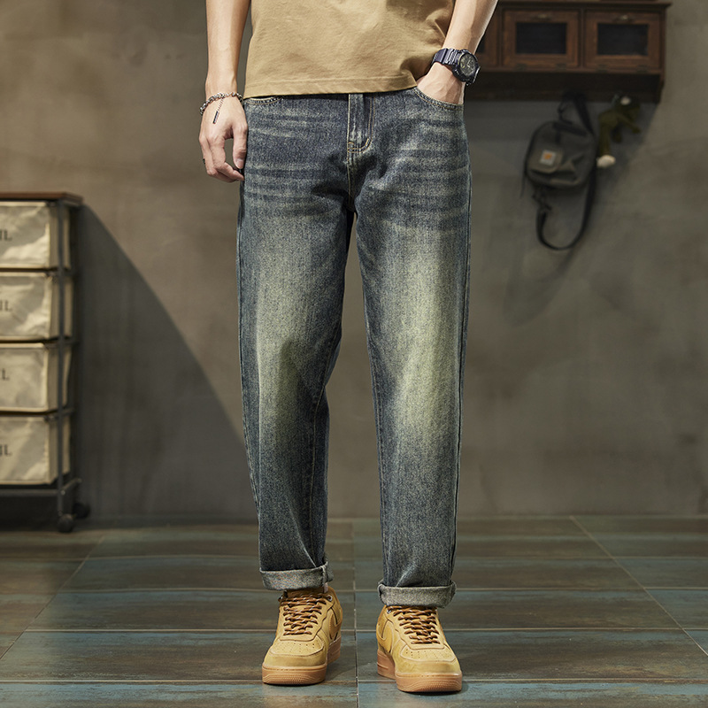 锥形剪裁泥染牛仔裤 男款猫须水洗裤 复古牛仔卷边男士休闲长裤