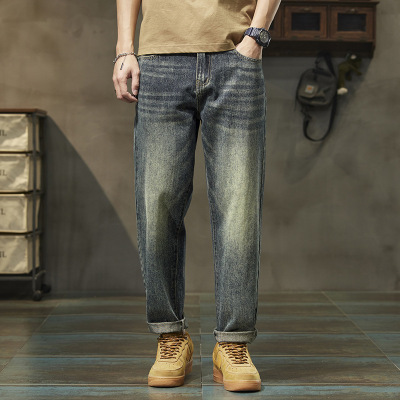 锥形剪裁泥染牛仔裤男款猫须水洗裤复古牛仔卷边男士休闲长裤
