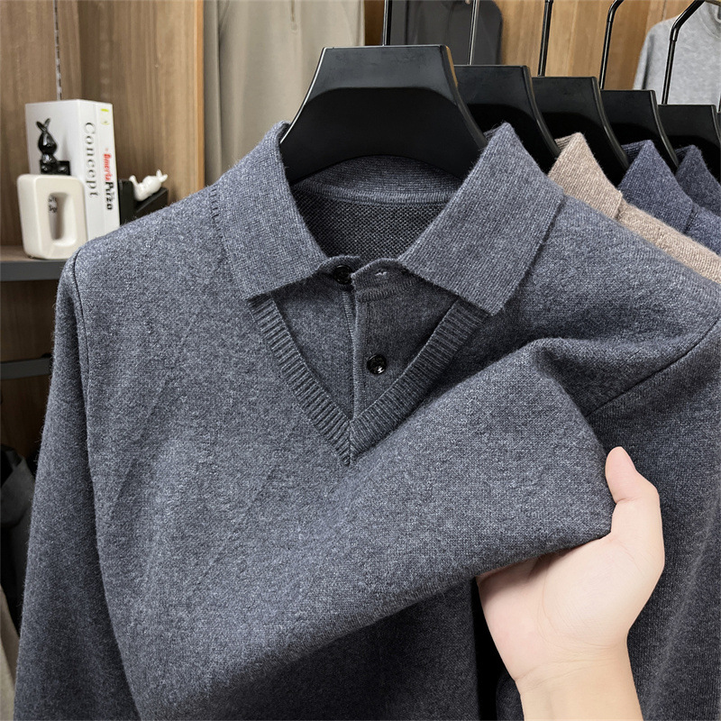 衬衫领男士毛衣假两件秋冬新款翻领提花加厚保暖打底针织衫男