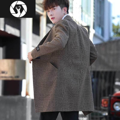 HongZun男士外套中长款呢子大衣秋冬英伦格子加厚西装毛呢帅气风衣男潮流风衣