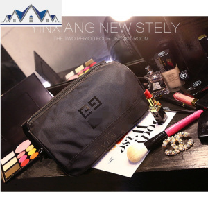 化妆包韩国简约大容量手提洗漱包旅行收纳袋布便携黑色手拎包 三维工匠收纳包