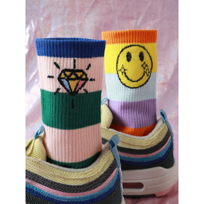 祥世恒吉袜子女潮中筒秋冬马卡龙钻石彩虹拼色笑脸可爱韩版长袜男