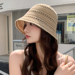 夏季时尚镂空编织水桶帽女户外显脸小宽檐针织盆帽休闲百搭太阳帽