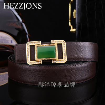 赫泽琼斯HEZZJONS男士腰带进口意大利牛皮皮带青中年商务休闲裤宝石扣腰带男神真皮软皮皮带咖啡色