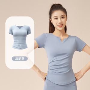 速干V领短袖裸感健身褶皱T恤百搭运动上衣跑步瑜伽短袖女