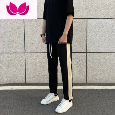 七斓春季九分裤男直筒休闲裤侧边杏色条纹运动裤潮牌百搭男女宽松ins
