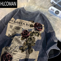 HLCOMAN玫瑰印花260g短袖t恤男夏季美式复古水洗做旧宽松大码半截袖