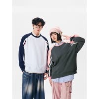 秋季新款美式卫衣男女同款潮牌拼接撞色插肩袖宽松圆领上衣情侣装