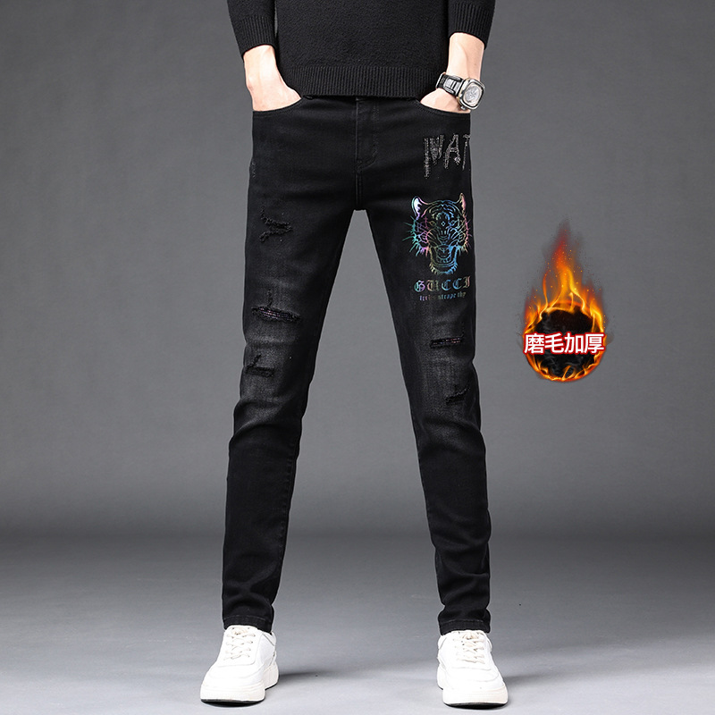 冬季加绒牛仔裤男装青年烫钻反光休闲弹力修身小脚破洞牛仔男长裤