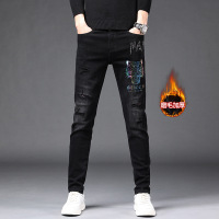 冬季加绒牛仔裤男装青年烫钻反光休闲弹力修身小脚破洞牛仔男长裤