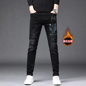 冬季加绒牛仔裤男装青年烫钻反光休闲弹力修身小脚破洞牛仔男长裤