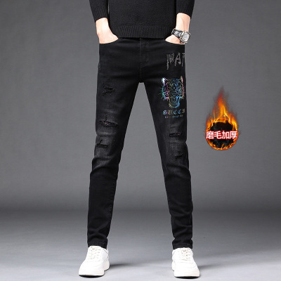 冬季加绒牛仔裤男装青年烫钻反光休闲弹力修身小脚破洞牛仔男长裤