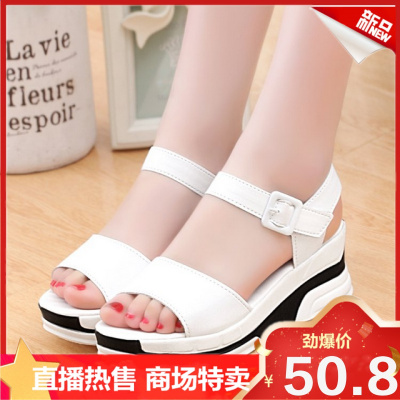 直播特卖-凉鞋女2021新款百搭韩版坡跟平底凉鞋女厚底松糕鱼嘴鞋学生女鞋夏OLOEY