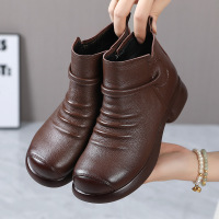 秋冬新款复古圆头粗跟舒适真皮短靴时尚简约通勤百搭女鞋棉鞋