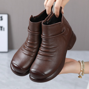 秋冬新款复古圆头粗跟舒适真皮短靴时尚简约通勤百搭女鞋棉鞋
