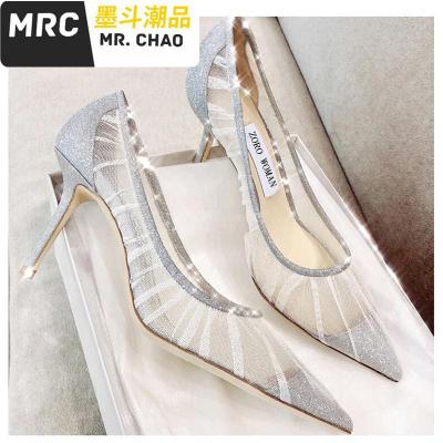 高跟鞋女2020早春新款尖头性感蕾丝婚鞋细跟宴会银色单鞋女伴娘鞋墨斗潮品休闲鞋