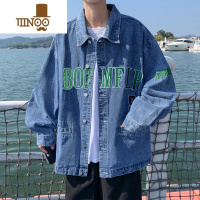 YANXU新款男生牛仔外套日系潮牌ins潮流痞帅宽松百搭翻领刺绣夹克