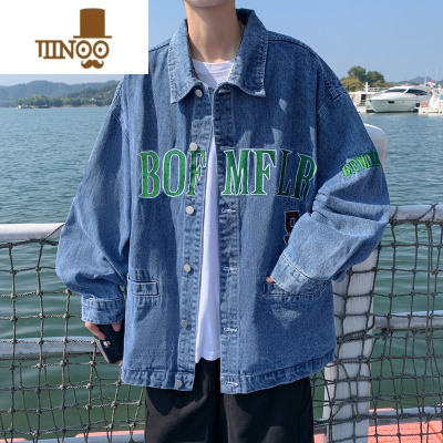 YANXU新款男生牛仔外套日系潮牌ins潮流痞帅宽松百搭翻领刺绣夹克