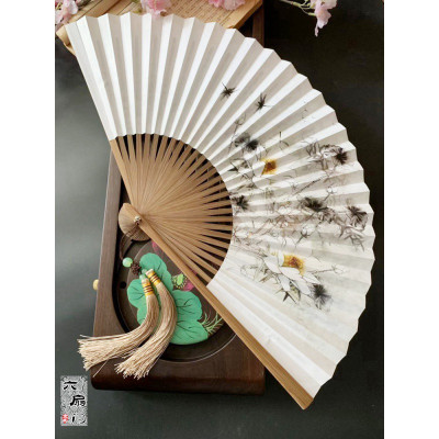 中国风8寸28方串扇双面男女士纸扇手绘古风手工折扇子折叠工艺扇三维工匠荷花