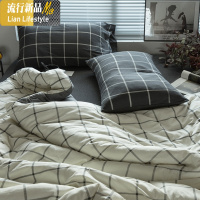 简约日式天竺棉四件套 针织棉床单棉床笠棉格子床上用品 三维工匠