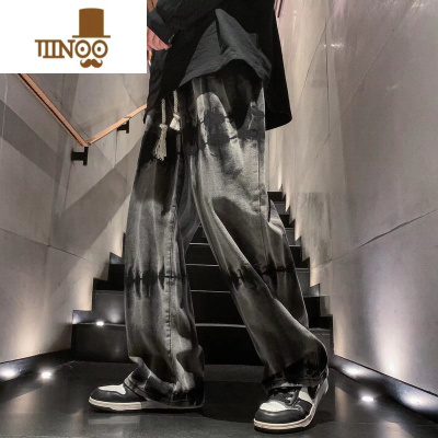 YANXU扎染复古牛仔裤男款潮牌痞帅直筒阔腿裤美式vibe高街休闲裤子