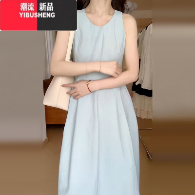 YIBUSHENG蓝色无袖连衣裙子女季2024新款小个子收腰显瘦度假风长裙设计感
