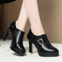 深口单鞋女春秋新款高跟鞋细跟加绒防水台厚底不累脚中年女士皮鞋