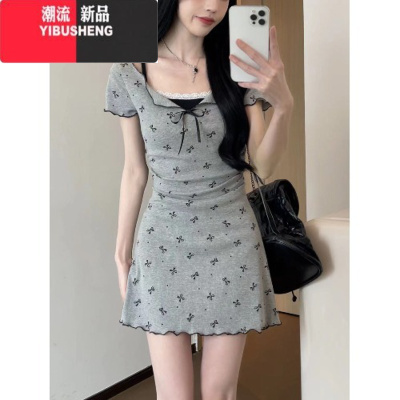 YIBUSHENG灰色蝴蝶结波点连衣裙女季2024新款收腰显瘦假两件裙子高腰短裙
