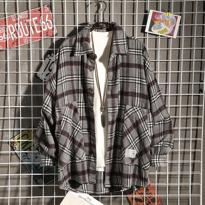 梵克公牛毛呢衬衫外套男春季新款日系复古流大口袋简约外搭格子开衫灰色默认颜色M