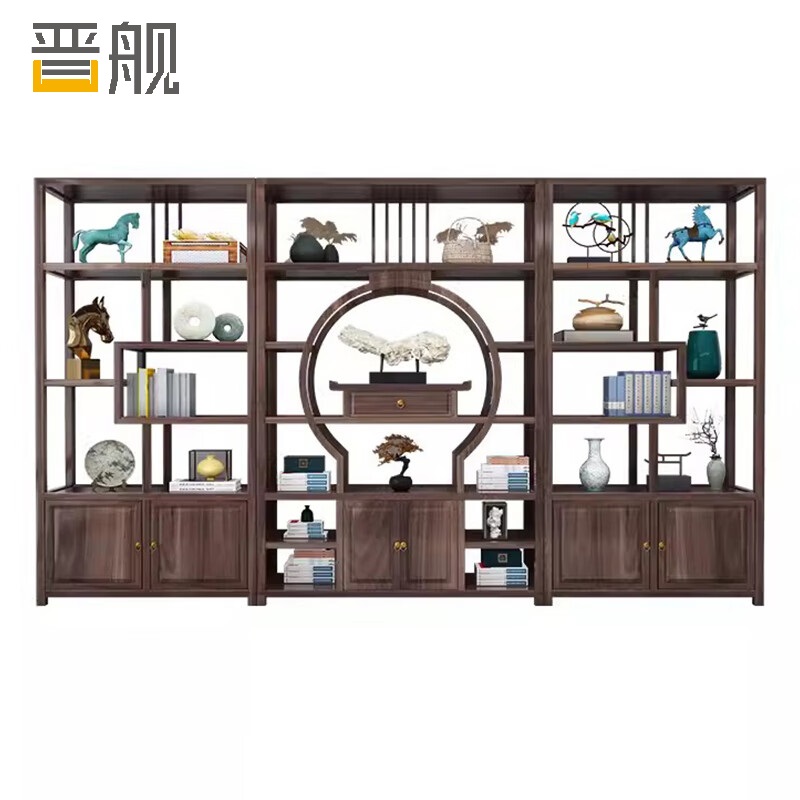 晋舰新中式茶桌椅组合茶台茶具套装一体桌阳台办公室泡茶桌吉祥如意三联博古架