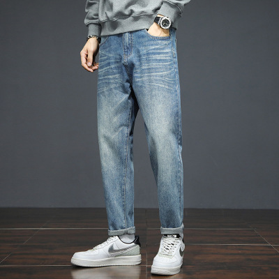 复古蓝宽松阔腿牛仔裤男款水洗做旧裤潮流卷边百搭休闲长裤