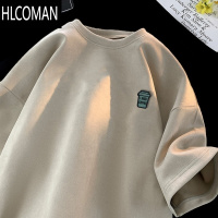 HLCOMAN美式复古绒短袖t恤320g小领口男生夏季宽松圆领半袖体恤