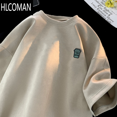 HLCOMAN美式复古绒短袖t恤320g小领口男生夏季宽松圆领半袖体恤