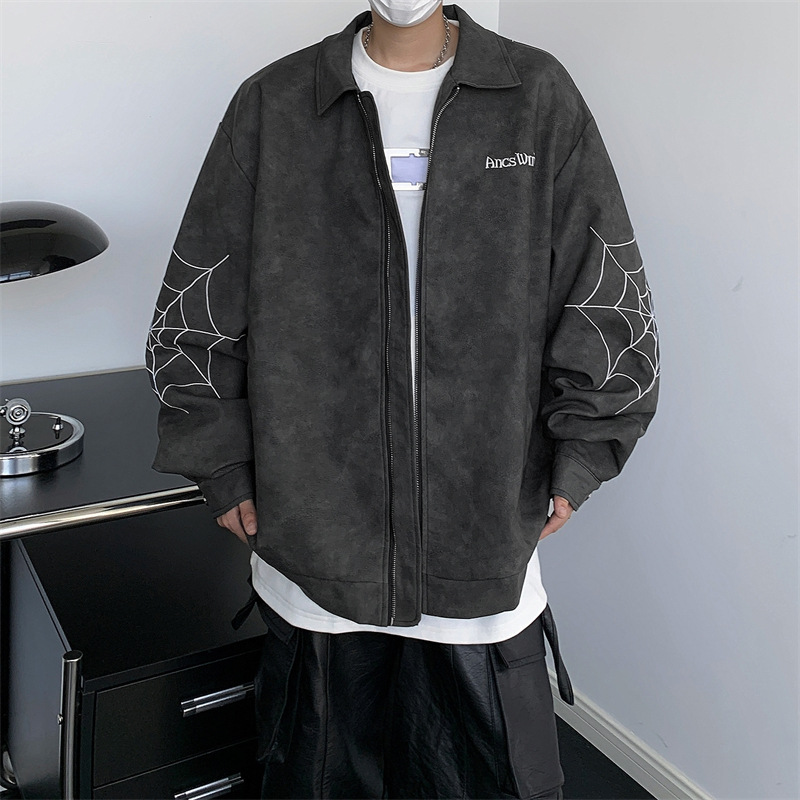 美式痞帅潮牌夹克男春秋季新款复古百搭翻领机车夹克男士外套上衣