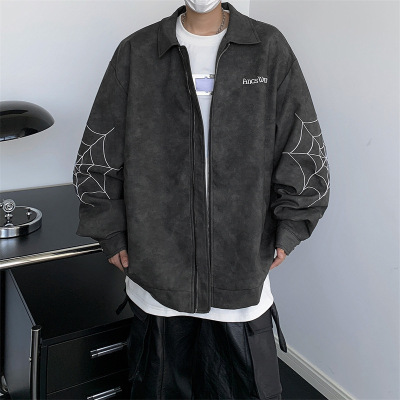 美式痞帅潮牌夹克男春秋季新款复古百搭翻领机车夹克男士外套上衣