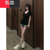 YIBUSHENG黑色V领正肩短袖t恤女季2024新款收腰修身显瘦纯欲辣妹紧身上衣