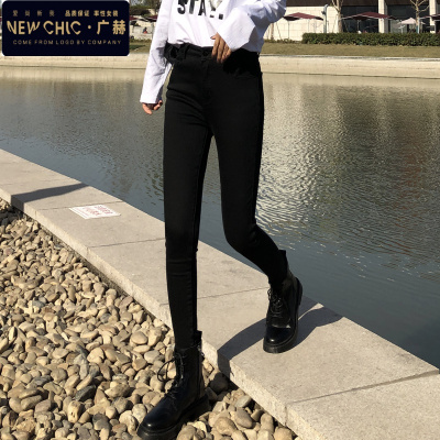 广赫黑色牛仔裤九分裤女高腰显瘦小个子八分裤显高弹力紧身小脚长裤春牛仔裤