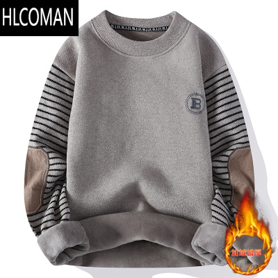 HLCOMAN条纹毛衣男圆领男士一体绒卫衣青少年加绒加厚p暖内搭T恤