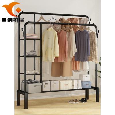 厂家直蕟-晾衣架家用落地折叠卧室内晒挂架子阳台置物简易凉?150cm黑色双杆-置物网+侧三层置物网+双衣帽钩1个