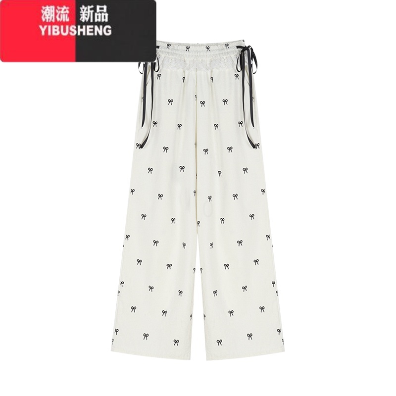 YIBUSHENG小个子蝴蝶结蕾丝花边休闲裤女装季杏色裤子薄款直筒阔腿裤长裤