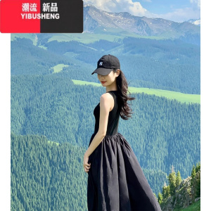 YIBUSHENG黑色连衣裙2024新款女裙子背心吊带法式季无袖长裙赫本风小个子