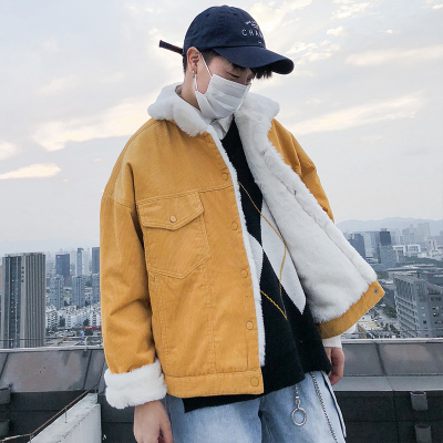 NEWLAKE冬季拼接灯芯绒棉衣男加绒加厚羔毛棉袄子情侣兔绒外套棉衣