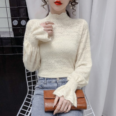 暖青汇洋气时尚韩版半高领网纱蕾丝打底衫女士气质修身显瘦长袖小衫上衣蕾丝衫