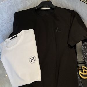 欧洲站短袖男玉蚕丝小H烫钻半袖体恤白色圆领薄款T恤上衣透气潮男