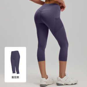 侧口袋七分瑜伽裤女高腰健身房蜜桃提臀健身裤运动紧身裤