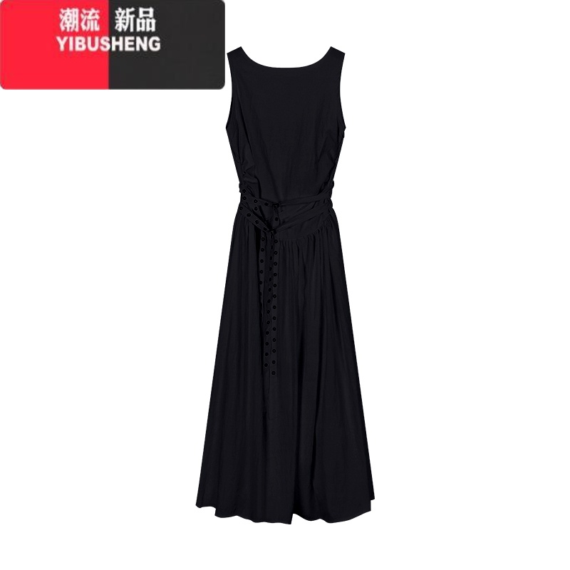 YIBUSHENG辣妹黑色无袖背心裙女装季设计感褶皱修身大摆裙连衣裙