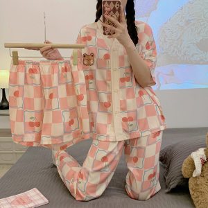 睡衣女夏季冰丝短袖短裤薄款2026条纹卡通印花宽松大码可外穿家居
