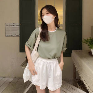 设计感华夫格短袖T恤女夏季新款宽松百搭圆领撞色假两件半袖上衣