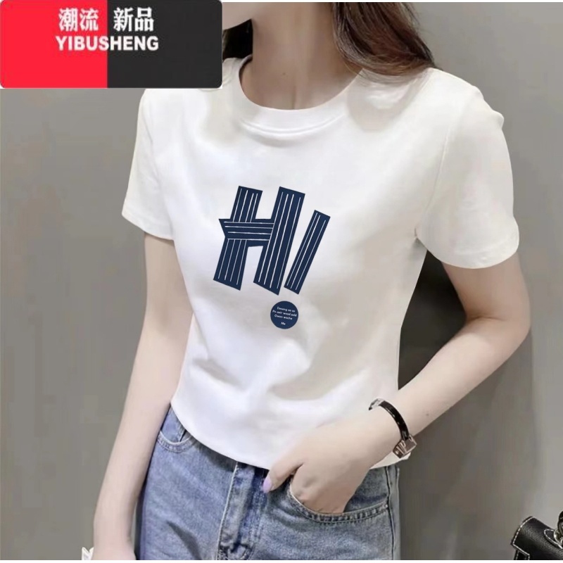 YIBUSHENG正肩修身百搭别致短袖T恤女2024季新款圆领打底衫体恤上衣