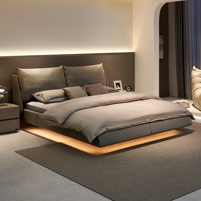 全友家居设计师款时尚简约舒适大靠包布艺床巴斯悬浮灯带布床